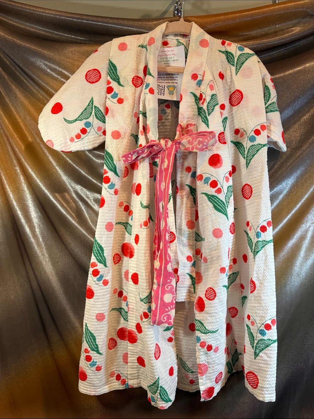 Vintage seersucker Kids Pink Cherry Print Kimono-Pajama Robe. Box YY